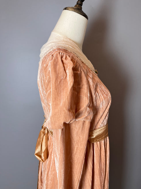 Pink Regency Era Dress with Satin Belt - Long Sleeves Velvet Dress with Lace - Regency Dress Plus Size